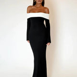 Patchwork Long Off Shoulder Nightclub Sexy Autumn Winter Maxi Dress