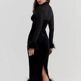 Patchwork Mesh Velvet Christmas Autumn Winter Long Slim Bodycon Sexy Midi Dress
