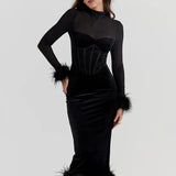 Patchwork Mesh Velvet Christmas Autumn Winter Long Slim Bodycon Sexy Midi Dress