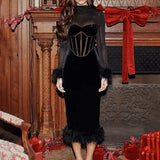 Patchwork Mesh Velvet Christmas Autumn Winter Long Slim Bodycon Sexy Midi Dress