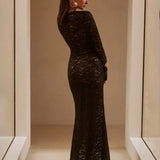 Perspective Lace Slim Bodycon Long Nightclub Sexy Autumn Winter Maxi Dress