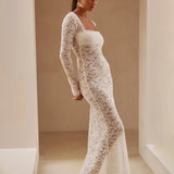 Perspective Lace Slim Bodycon Long Nightclub Sexy Autumn Winter Maxi Dress
