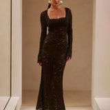 Perspective Lace Slim Bodycon Long Nightclub Sexy Autumn Winter Maxi Dress