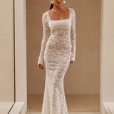 Perspective Lace Slim Bodycon Long Nightclub Sexy Autumn Winter Maxi Dress