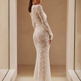 Perspective Lace Slim Bodycon Long Nightclub Sexy Autumn Winter Maxi Dress