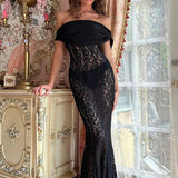Perspective Lace Slim Bodycon Off Shoulder Nightclub Sexy Summer Maxi Dress