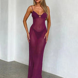 Perspective Mesh Spaghetti Strap Slim Bodycon Elegant Long Spring Summer Maxi Dress