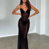 Perspective Mesh Spaghetti Strap Slim Bodycon Elegant Long Spring Summer Maxi Dress