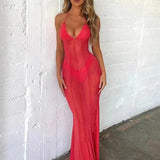 Perspective Mesh Bodycon Long Halter Backless Sexy Spring Summer Maxi Dress