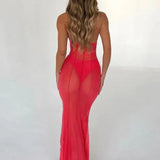 Perspective Mesh Bodycon Long Halter Backless Sexy Spring Summer Maxi Dress