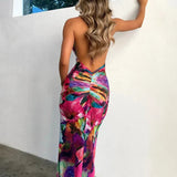 Print Nightclub Party Backless Long Slim Bodycon Perspective Maxi Dress