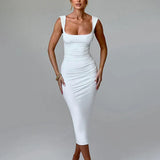 Pleated Slim Bodycon Long Spaghetti Strap Spring Summer Backless Midi Dress