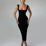 Pleated Slim Bodycon Long Spaghetti Strap Spring Summer Backless Midi Dress