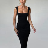 Pleated Slim Bodycon Long Spaghetti Strap Spring Summer Backless Midi Dress