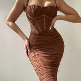 Pleated Spaghetti Strap Summer Party Slash Neck Backless Slim Bodycon Bandage Midi Dress