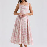 Print A-line Long Spaghetti Strap Spring Summer Backless Sexy Midi Dress