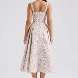 Print A-line Long Spaghetti Strap Spring Summer Backless Sexy Midi Dress