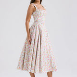 Print A-line Long Spaghetti Strap Spring Summer Backless Sexy Midi Dress