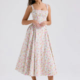 Print A-line Long Spaghetti Strap Spring Summer Backless Sexy Midi Dress