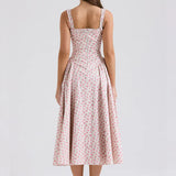 Print A-line Long Spaghetti Strap Spring Summer Backless Sexy Midi Dress