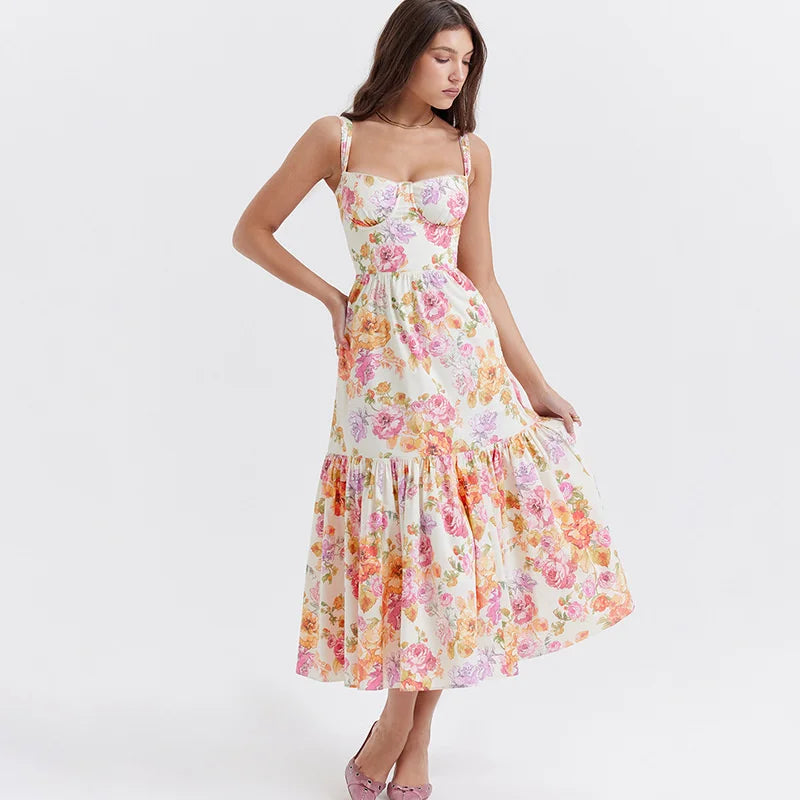 Print Bodycon A-line Spaghetti Strap Summer Long Nightclub Sexy Midi Dress