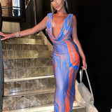 Print Deep V Neck Long Slim Bodycon Backless Nightclub Sexy Summer Maxi Dress