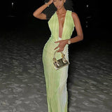 Print Deep V Neck Long Slim Bodycon Backless Nightclub Sexy Summer Maxi Dress