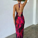 Print Long Halter Spring Summer Backless Nightclub Sexy Slim Bodycon Midi Dress