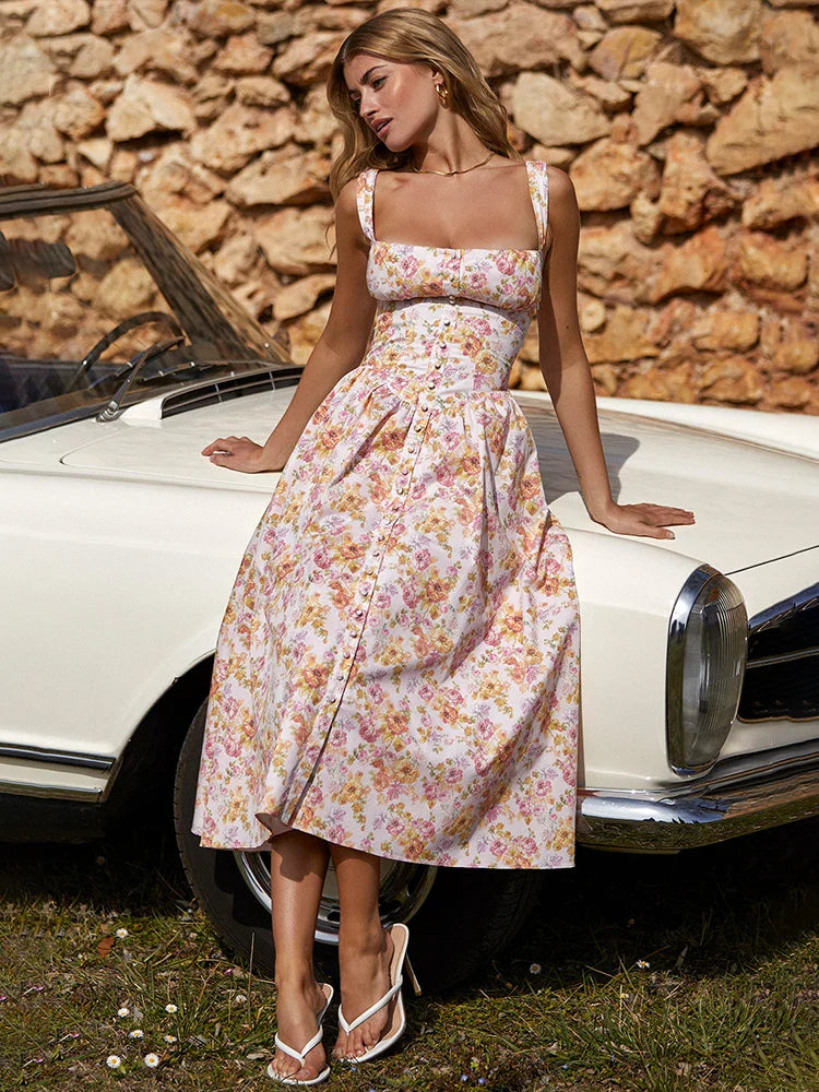 Print Bodycon A-line Spaghetti Strap Summer Long Nightclub Sexy Midi Dress