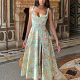 Print A-line Spaghetti Strap Summer Long Split Nightclub Sexy Midi Dress
