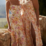 Print A-line Spaghetti Strap Summer Long Split Nightclub Sexy Midi Dress