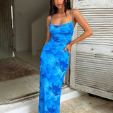 Print Bodycon Long Spaghetti Strap Backless Sexy Spring Summer Maxi Dress