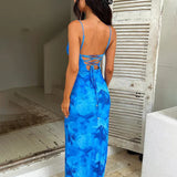 Print Bodycon Long Spaghetti Strap Backless Sexy Spring Summer Maxi Dress