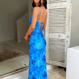 Print Bodycon Long Spaghetti Strap Backless Sexy Spring Summer Maxi Dress