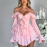 Ruffle Sleeve Halter Slim Nightclub Sexy Party Autumn Winter Mini Dress