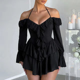 Ruffle Sleeve Halter Slim Nightclub Sexy Party Autumn Winter Mini Dress
