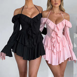 Ruffle Sleeve Halter Slim Nightclub Sexy Party Autumn Winter Mini Dress
