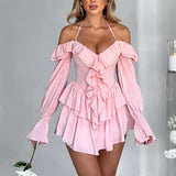 Ruffle Sleeve Halter Slim Nightclub Sexy Party Autumn Winter Mini Dress