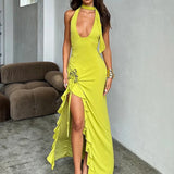 Ruffles Asymmetric Deep V Neck Halter Elegant Long Spring Summer Maxi Dress