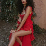 Ruffles Long Summer High Split Spaghetti Strap V Neck Nightclub Sexy Party Maxi Dress
