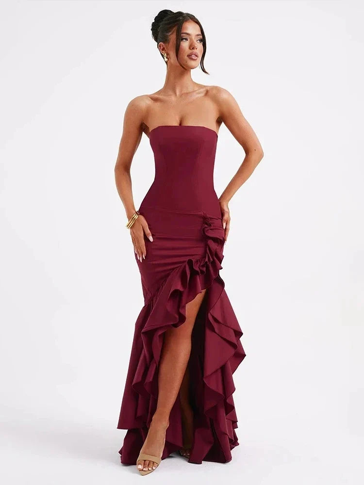 Ruffles High Split Nightclub Party Slim Bodycon 2025 Summer Elegant Long Maxi Dress