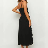 Ruffles Split Backless Spaghetti Strap Spring Summer Elegant Long Midi Dress