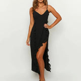 Ruffles Split Backless Spaghetti Strap Spring Summer Elegant Long Midi Dress