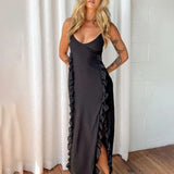 Ruffles Split Backless Spaghetti Strap Spring Summer Elegant Long Midi Dress