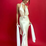 Satin Deep V Neck Halter Backless Nightclub Long Spring Summer Maxi Dress