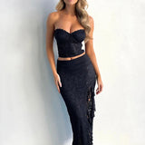 Party Lace Strapless Crop Top Maxi Skirts Slim Bodycon Summer 2 Piece Dress