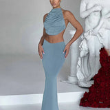 Party Pleated Halter Crop Top Skirts Slim Bodycon Spring Summer 2 Piece Dress