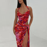 Party Print Two Piece One Shoulder Crop Top High Split Skirts Summer Midi Dress