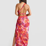 Party Print Two Piece One Shoulder Crop Top High Split Skirts Summer Midi Dress