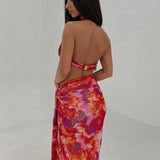 Party Print Two Piece One Shoulder Crop Top High Split Skirts Summer Midi Dress